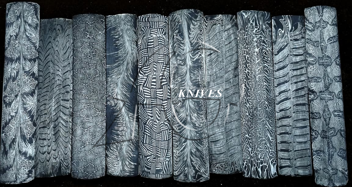 Different Damascus steel patterns including feather, ladder, raindrop, basketweave and twist designs