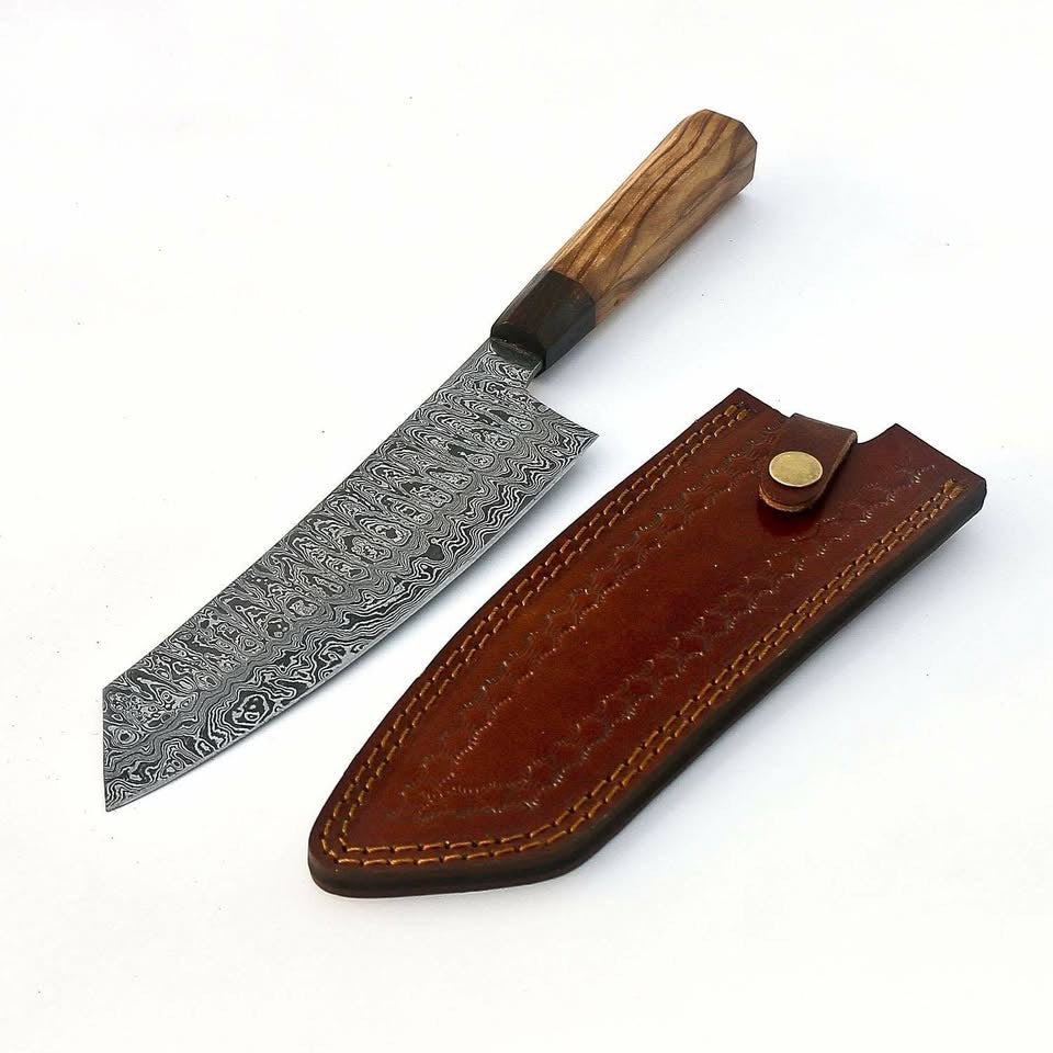 Handcrafted Damascus Chef Kitchen Knife 12" - Olive & Iron Wood Handle