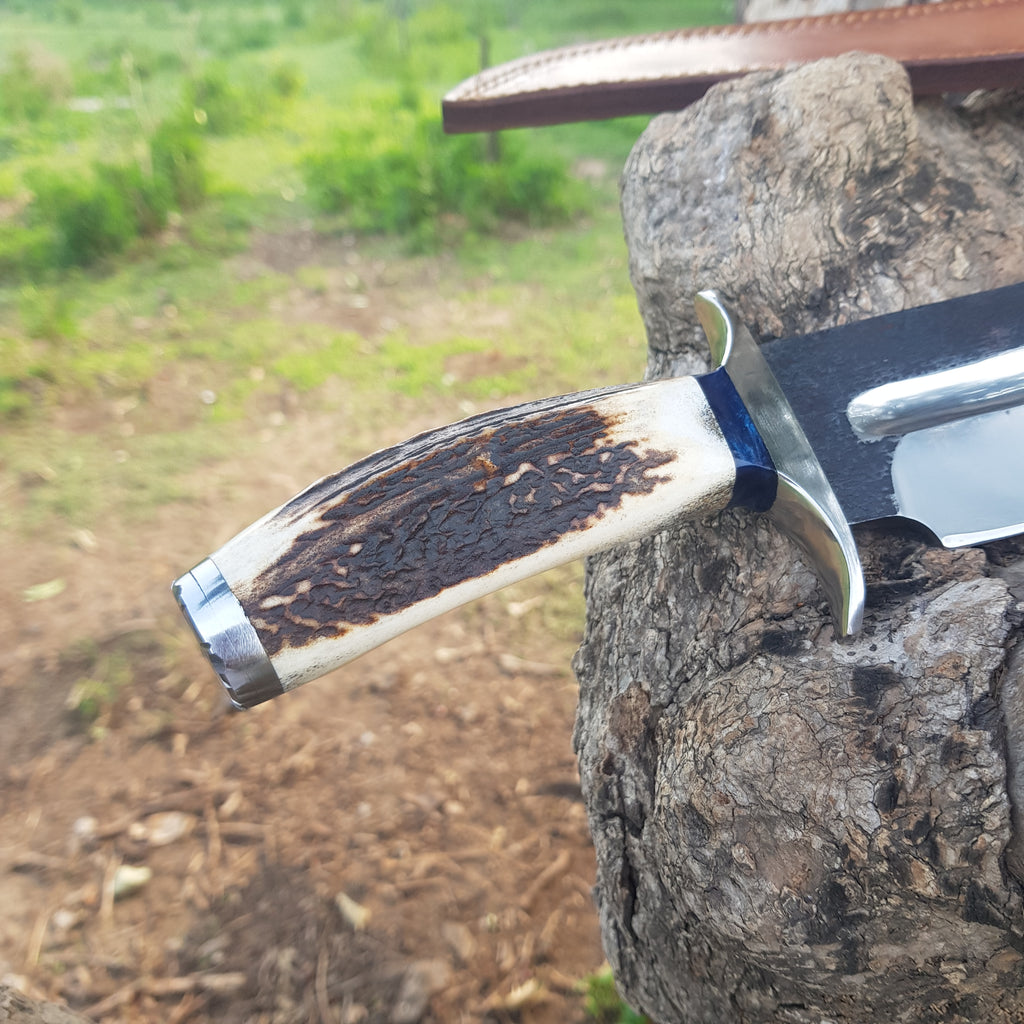 American Custom Made Forged Steel Blade Stag Hunting Bowie Knife With Leather Sheath