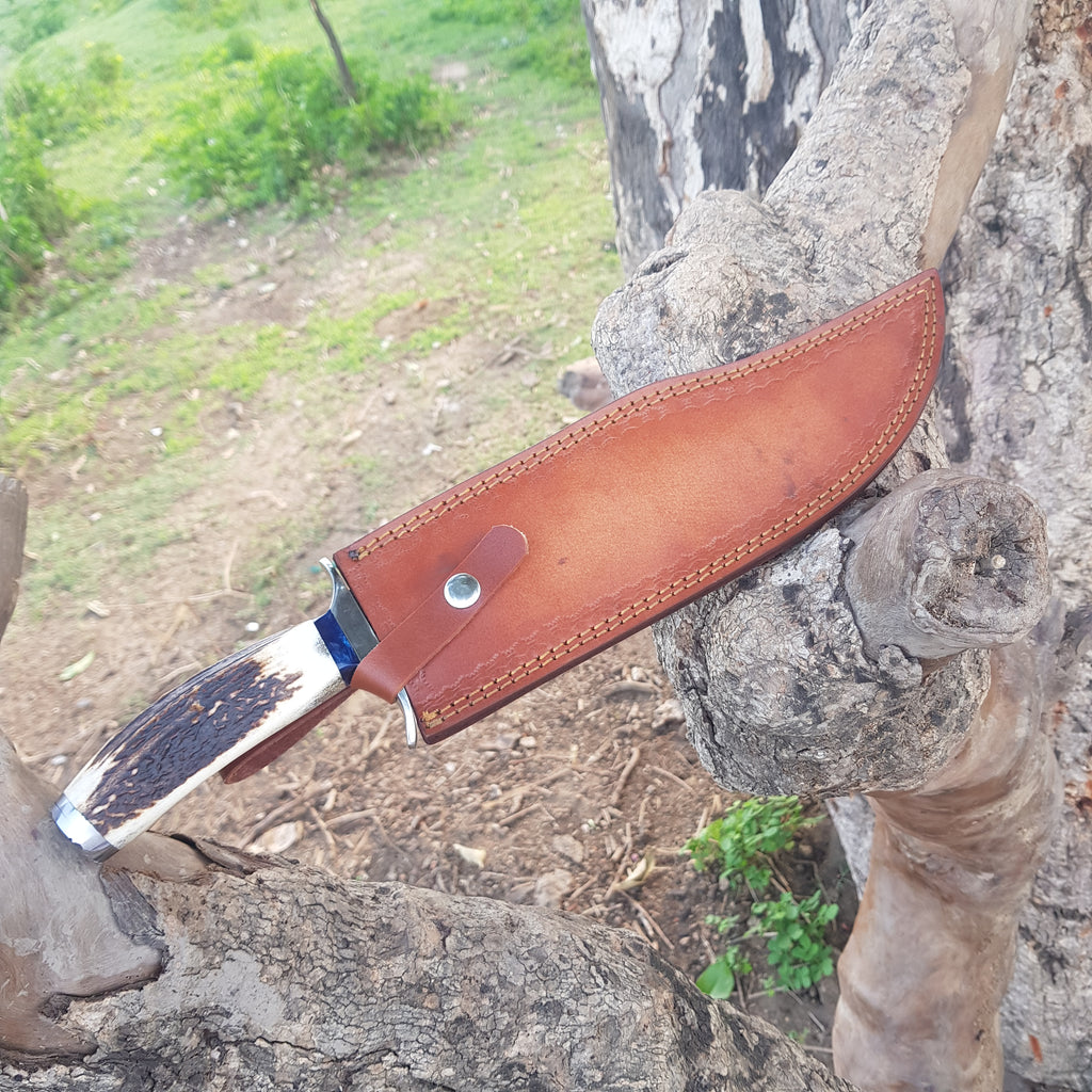 American Custom Made Forged Steel Blade Stag Hunting Bowie Knife With Leather Sheath