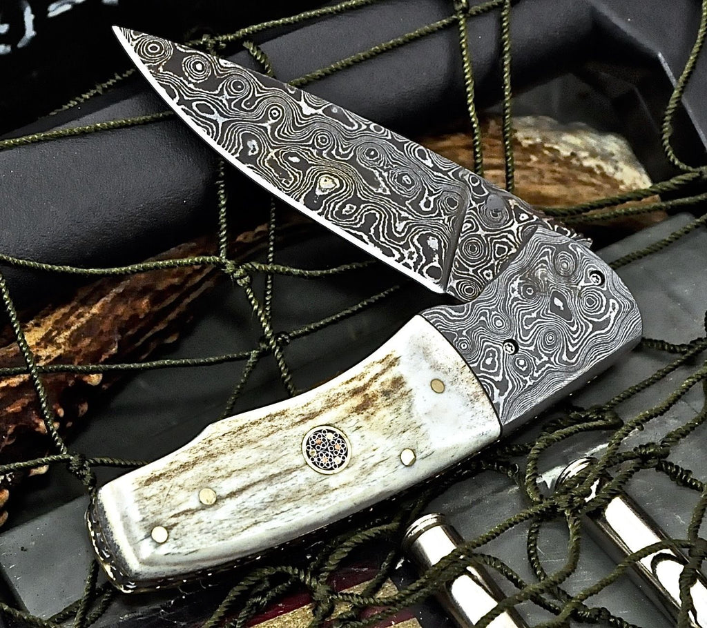 7" Handmade Damascus Raindrop Folding Pocket Knife With Leather Cover