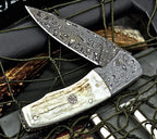 7" Handmade Damascus Raindrop Folding Pocket Knife With Leather Cover
