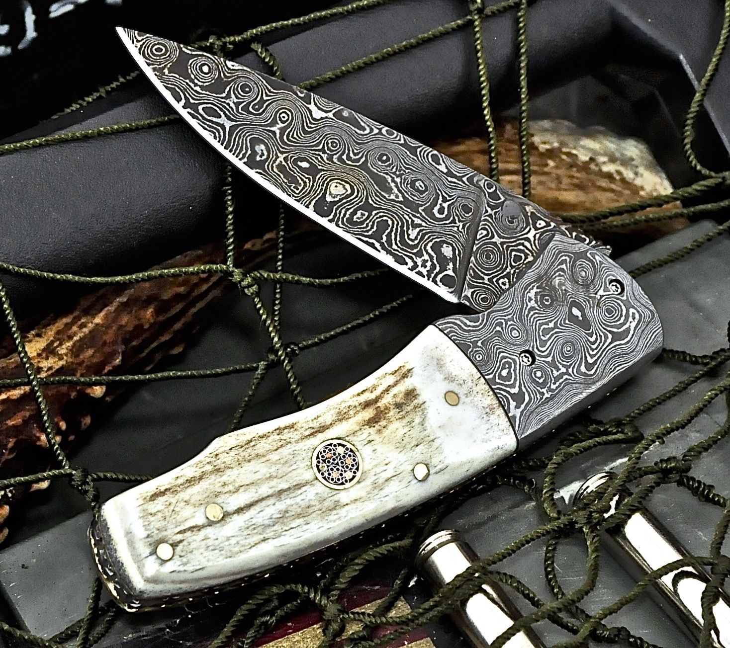7" Handmade Damascus Raindrop Folding Pocket Knife With Leather Cover