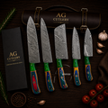 Handcrafted Damascus Kitchen Knife Set - Elegant 5 Pcs with Leather Roll Case