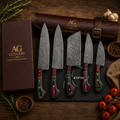 Vibrant 5 Pcs Handcrafted Damascus Kitchen Knife Set - Leather Roll Case