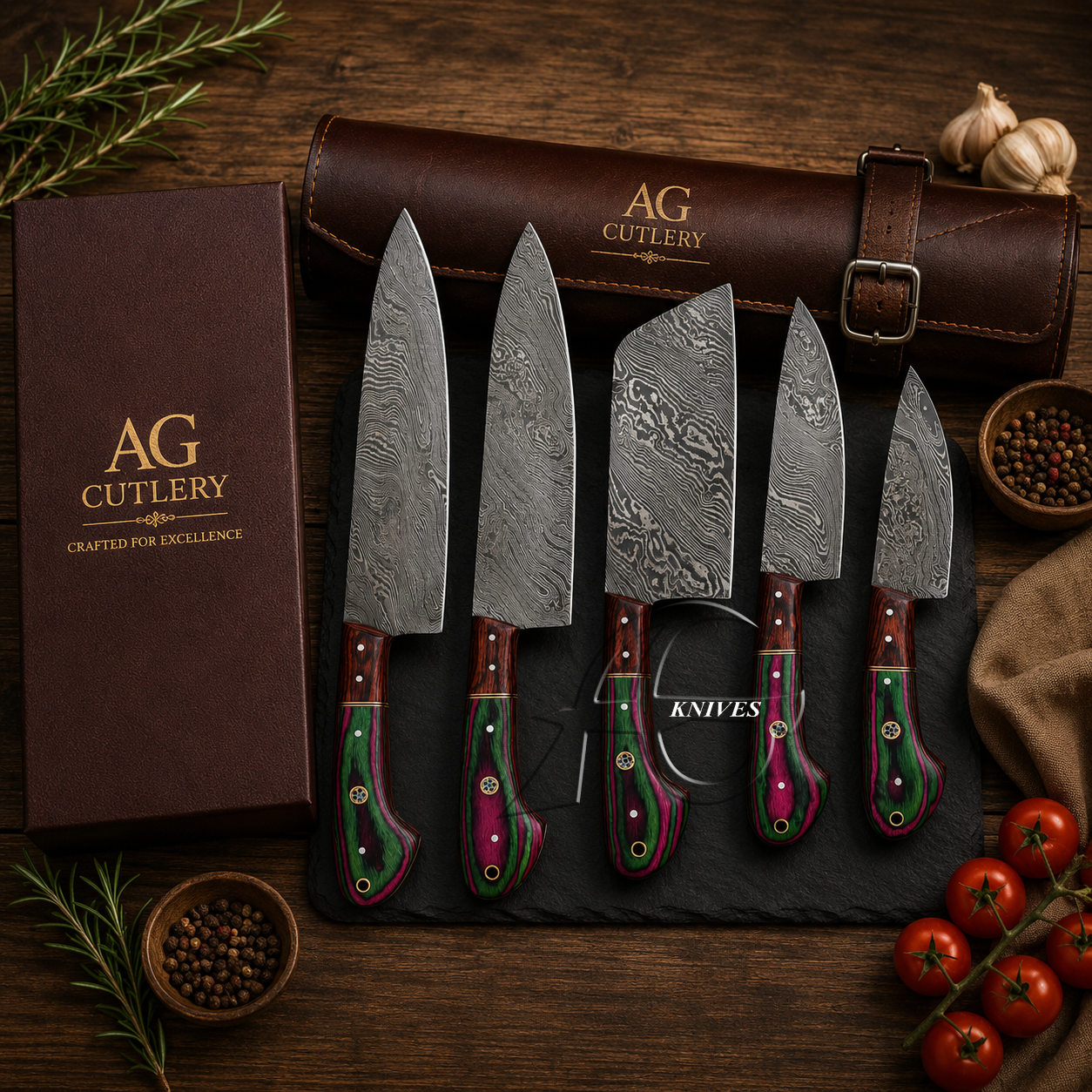 Vibrant 5 Pcs Handcrafted Damascus Kitchen Knife Set - Leather Roll Case