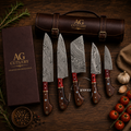 Majestic Handcrafted Damascus Kitchen Knife Set - 5 Pcs with Leather Roll Case