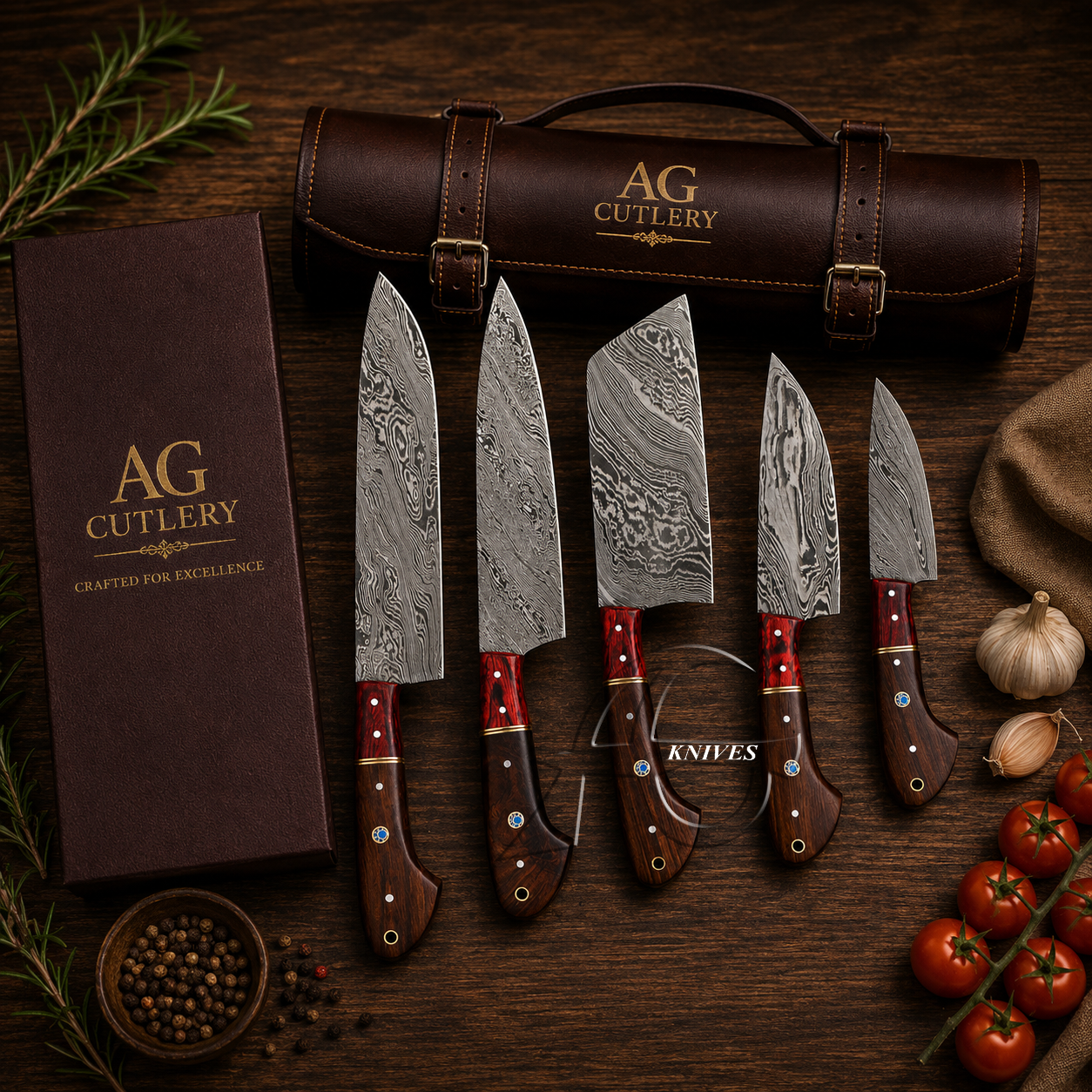 Majestic Handcrafted Damascus Kitchen Knife Set - 5 Pcs with Leather Roll Case