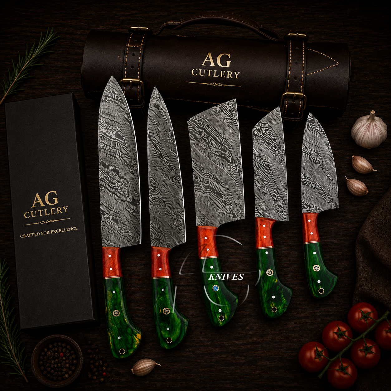 Splendid Handcrafted Damascus Kitchen Knife Set of 5 Pcs - Leather Roll Case