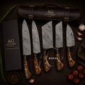 Premium 5 Pcs Handcrafted Damascus Kitchen Knife Set - Leather Roll Case