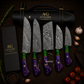 Radiant Handcrafted Damascus Kitchen Knife Set of 5 Pcs - Leather Roll Case