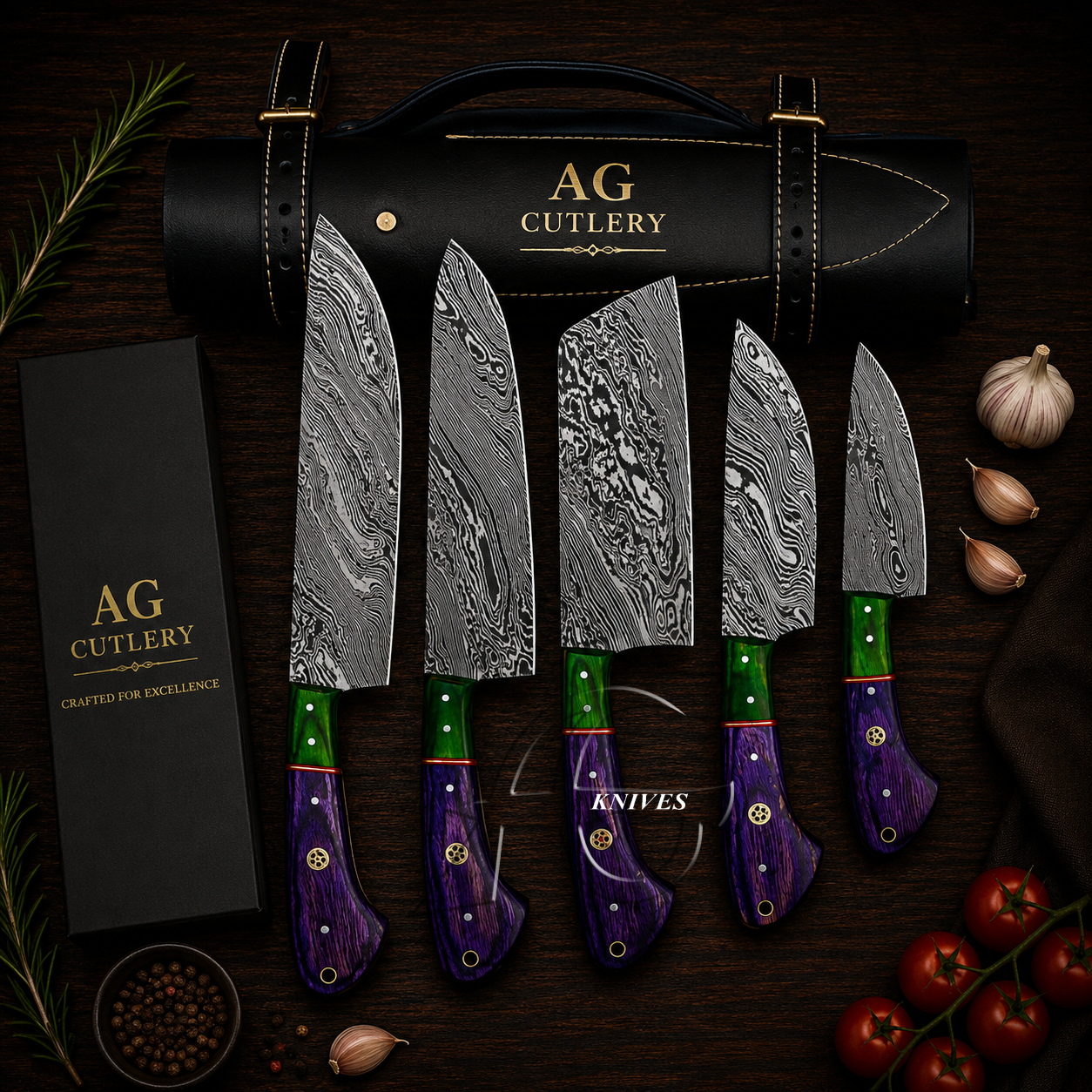 Radiant Handcrafted Damascus Kitchen Knife Set of 5 Pcs - Leather Roll Case