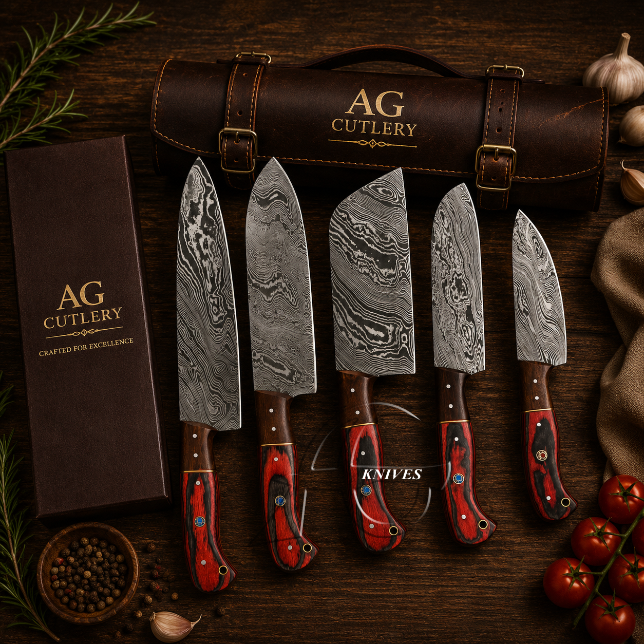 Handcrafted Damascus Kitchen Knife Set - Premium 5 Pcs - Leather Roll Case
