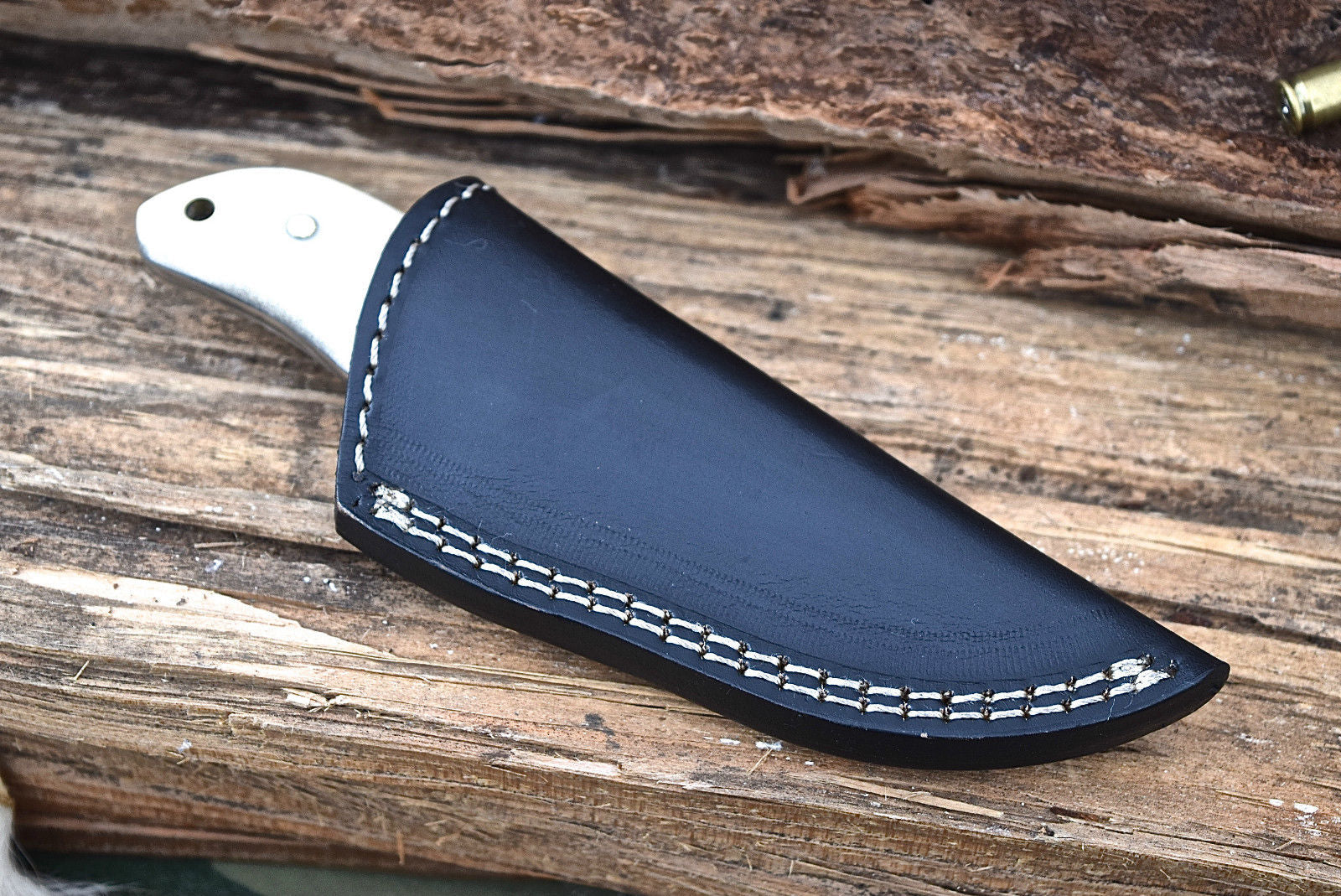 6" Handmade Damascus Blade Skinning Knife Camel Bone Handle - Leather Sheath