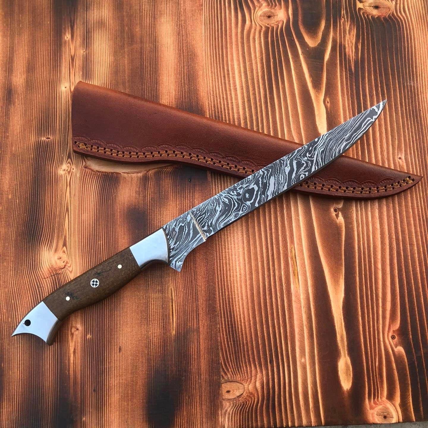 Hand Forged Damascus Hunting Fishing Fillet Knife With Cover