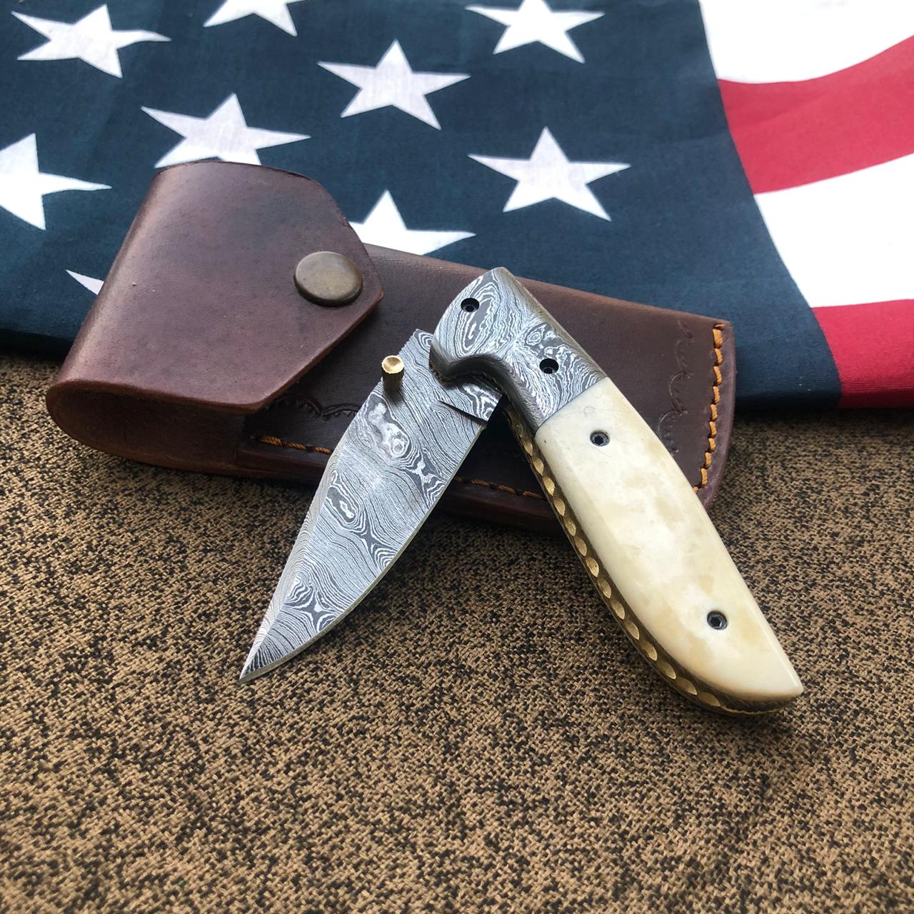 Custom Made Damascus Under lock Pocket Knife with Cover