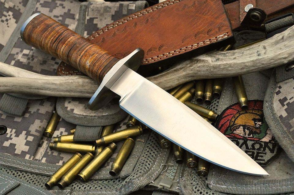 Compact Custom Bowie Knife - 1095 Carbon Steel Blade Leather Handle With Leathr Sheath