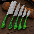 Rugged Handcrafted Damascus Outdoor Knife Kit 5 Pcs - Green Wood Handle Leather Roll Case