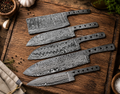 Handcrafted Damascus Ladder Pattern Kitchen Chef Knife Blank Set - 5 Pcs Full Tang 10" to 14"