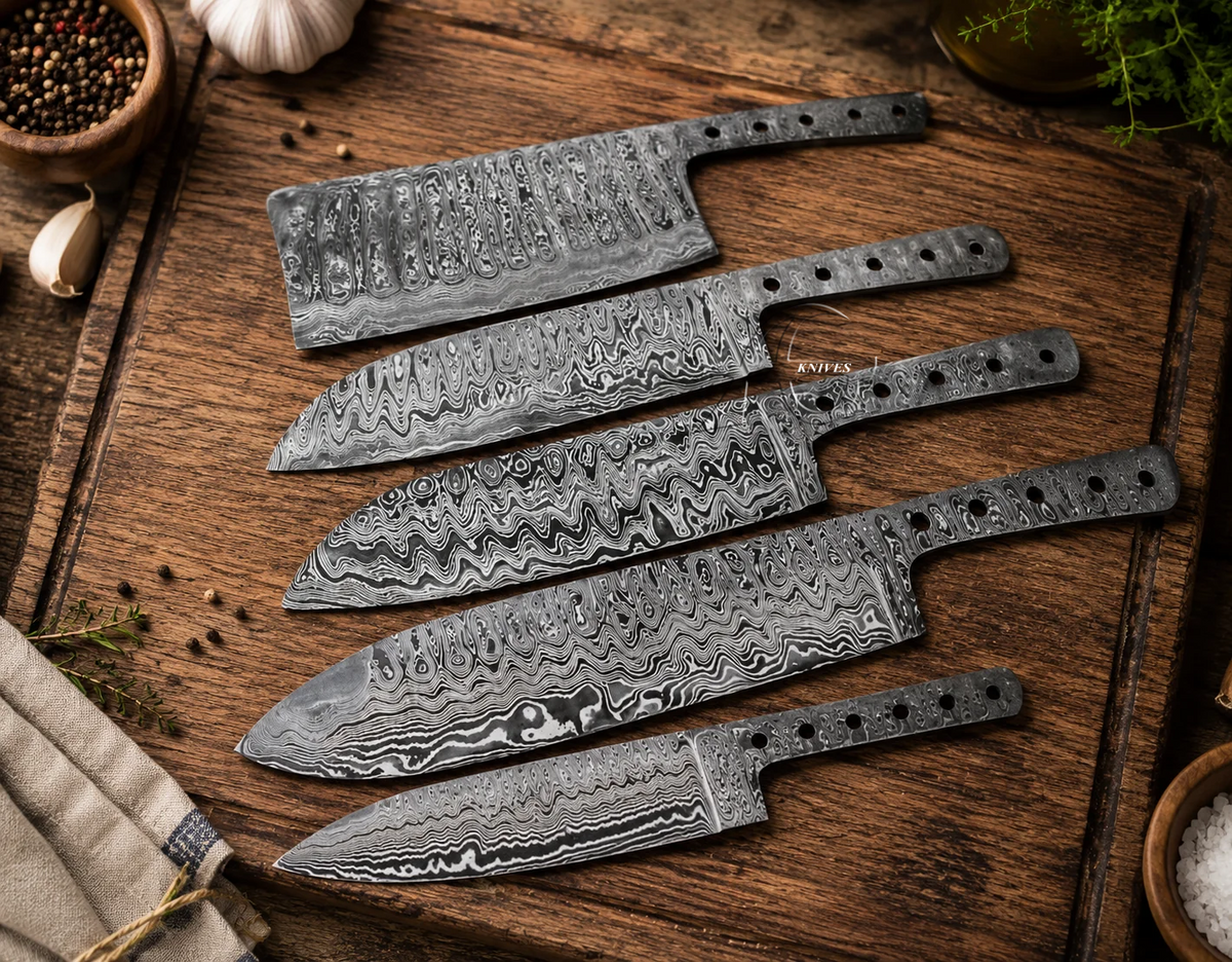 Handcrafted Damascus Ladder Pattern Kitchen Chef Knife Blank Set - 5 Pcs Full Tang 10" to 14"