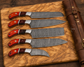 Vibrant Handcrafted Damascus Kitchen Chef Knife Set of 5 Pcs - Orange & Iron Wood Handle