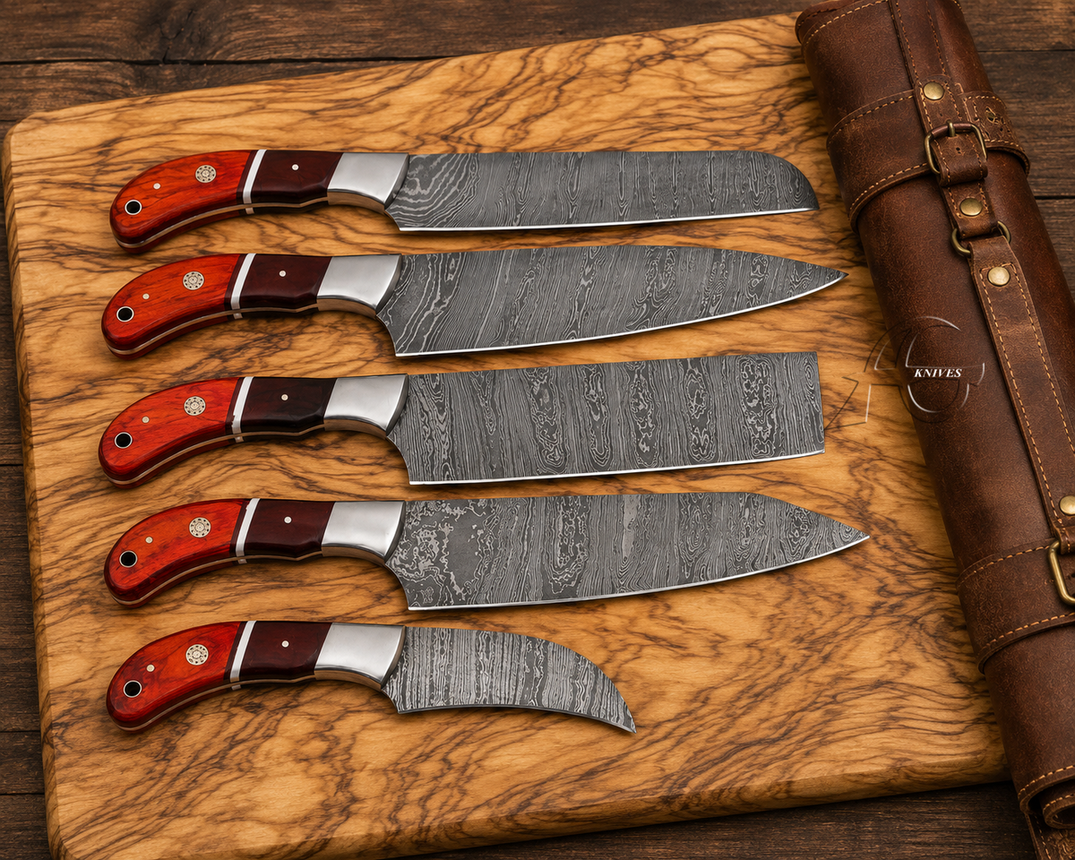 Vibrant Handcrafted Damascus Kitchen Chef Knife Set of 5 Pcs - Orange & Iron Wood Handle