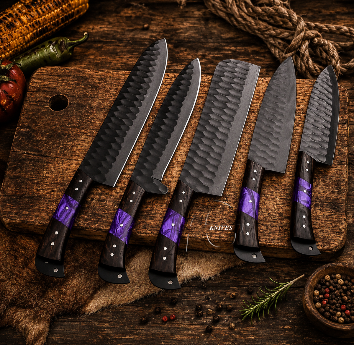 Commanding Handcrafted Kitchen Chef Knife Set of 5 Pcs - Wenge Wood & Blue Resin Handle