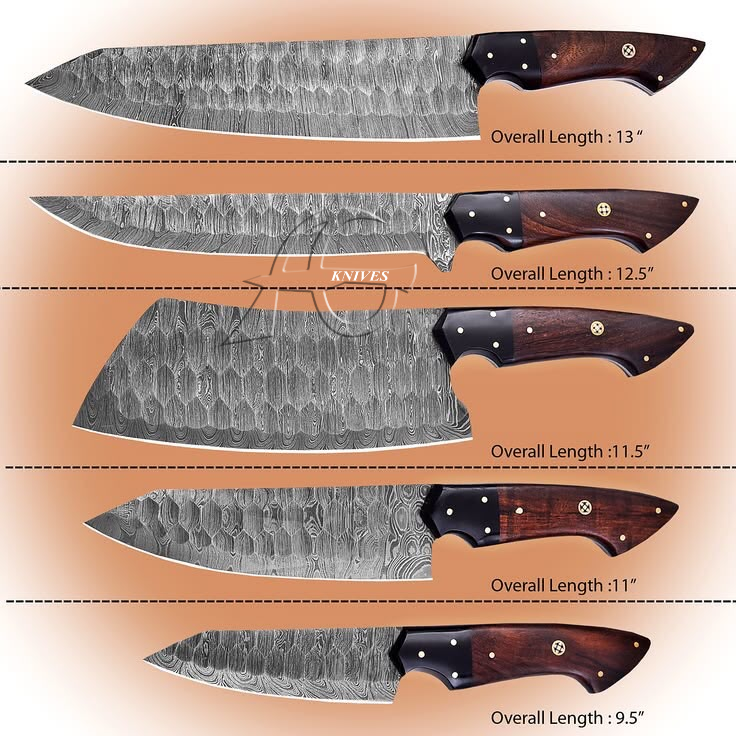 Five kitchen knives with patterned steel blades and dark wood handles are arranged vertically on a peach gradient background, with text labels showing different overall lengths ranging from 13 inches to 9.5 inches.