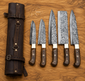 Stunning Handcrafted Damascus Kitchen Knife Set of 5 Pcs Tron Wood Handle Leather Roll Case