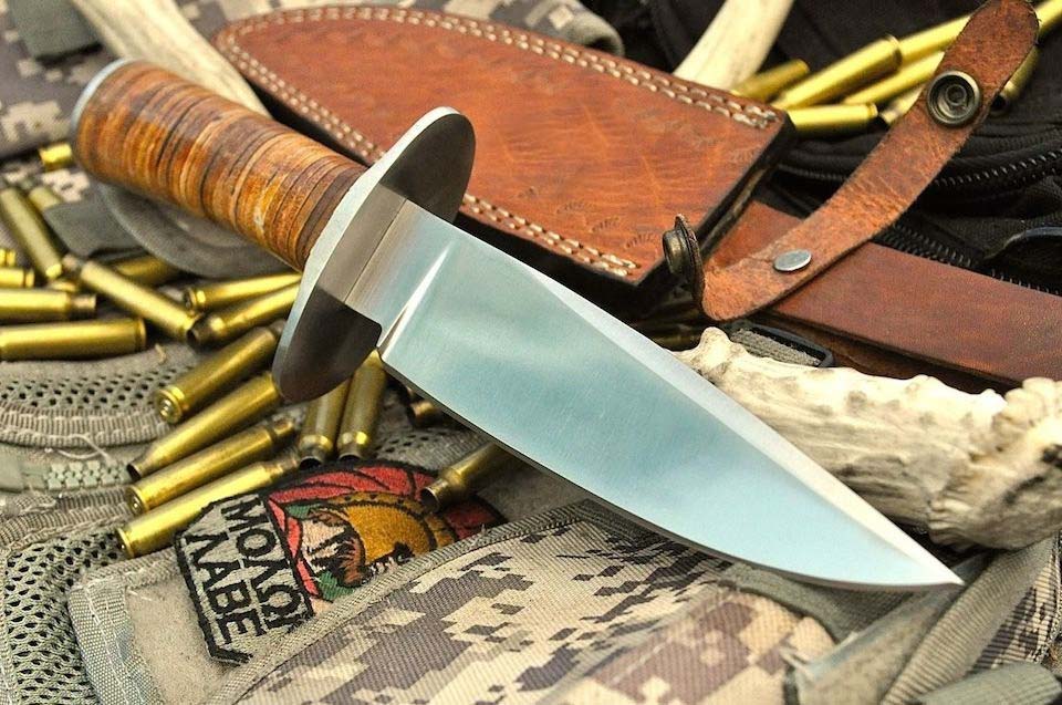 Compact Custom Bowie Knife - 1095 Carbon Steel Blade Leather Handle With Leathr Sheath