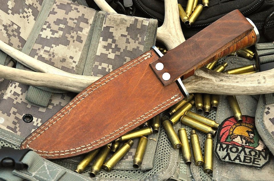 Compact Custom Bowie Knife - 1095 Carbon Steel Blade Leather Handle With Leathr Sheath