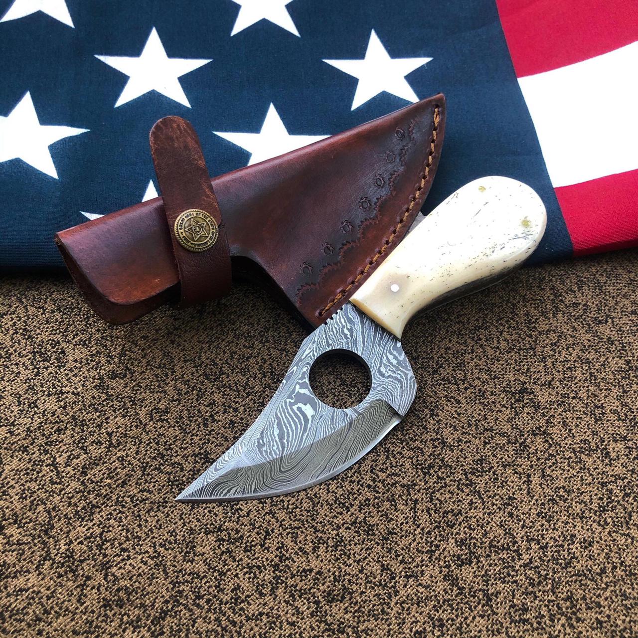 Damascus Steel Skinning Knife Handmade Blade White Camel Bone Handle With Sheath