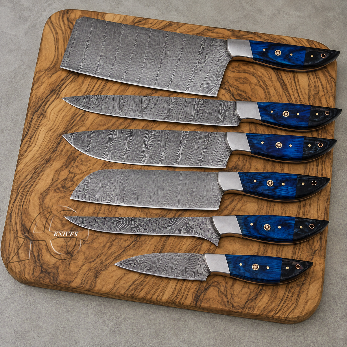 Vivid Handcrafted Damascus Kitchen Chef Knife Set of 6 Pcs - Green & Black Wood Handle