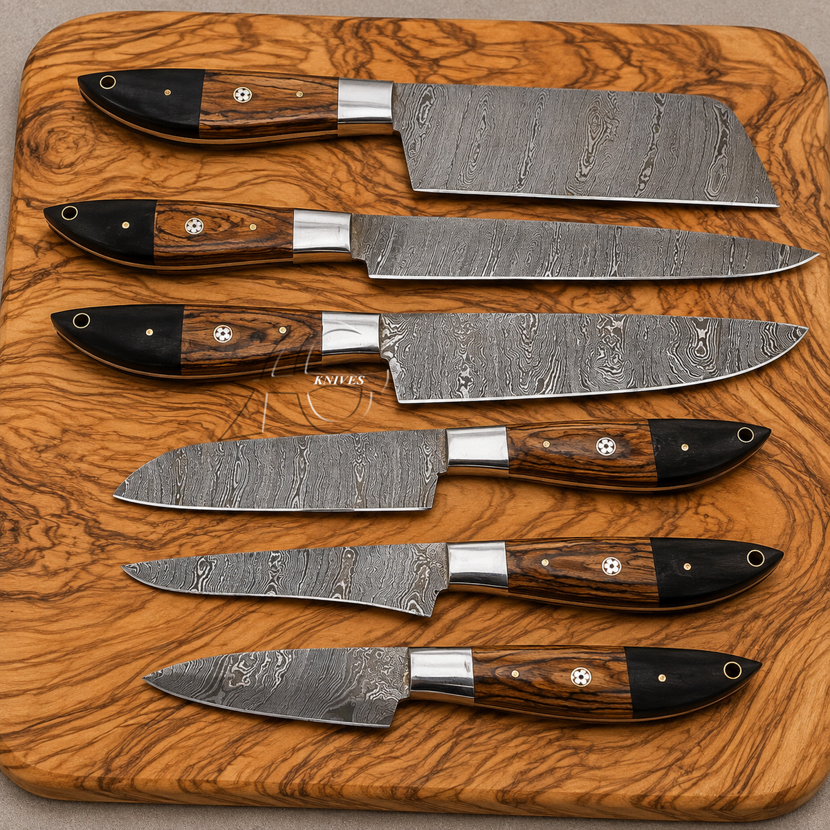 Striking Handcrafted Damascus Kitchen Chef Knife Set of 6 Pcs - Wood & G10 Handle