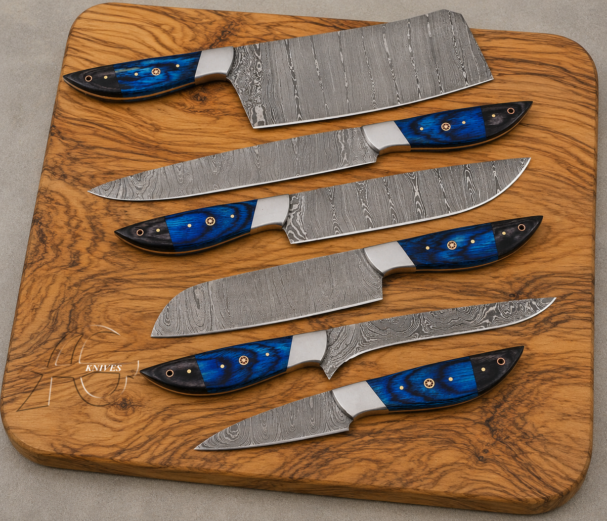 Vivid Handcrafted Damascus Kitchen Chef Knife Set of 6 Pcs - Green & Black Wood Handle