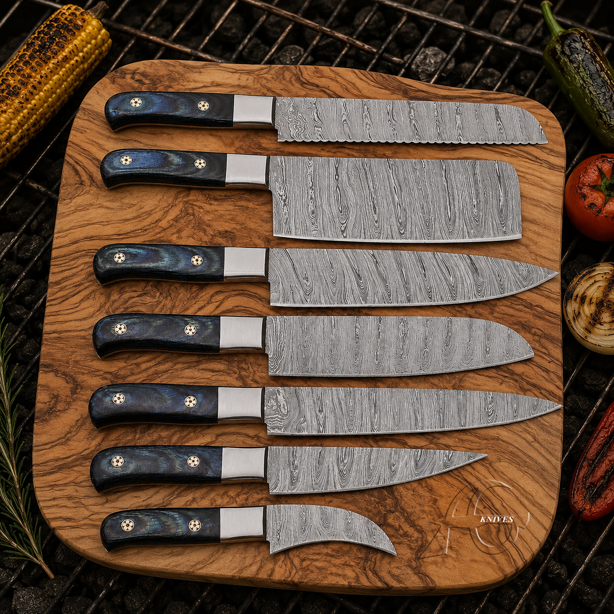 Breathtaking Handcrafted Damascus Kitchen Chef Knife Set of 7 Pcs - Blue & Black Exotic Wood Handle