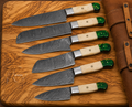 Exquisite Handcrafted Damascus Kitchen Chef Knife Set of 6 Pcs - Camel Bone & Green Wood Handle