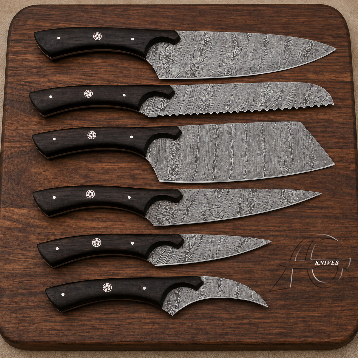 Graceful Handcrafted Damascus Kitchen Chef Knife Set of 6 Pcs Wenge Wood Handle