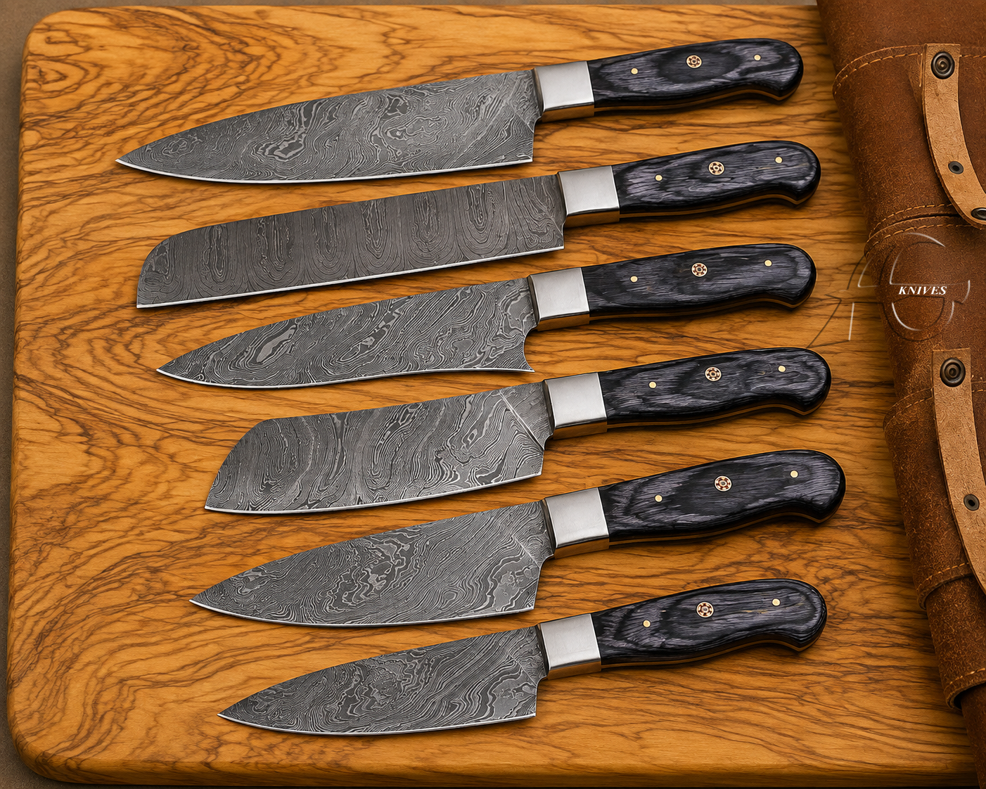 Bold Handcrafted Damascus Kitchen Knife Set of 6 Pcs - Black Exotic Wood Handle