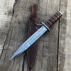15" M3 Trench Blade Damascus Knife Custom Made Stacked Handle - Leather Sheath