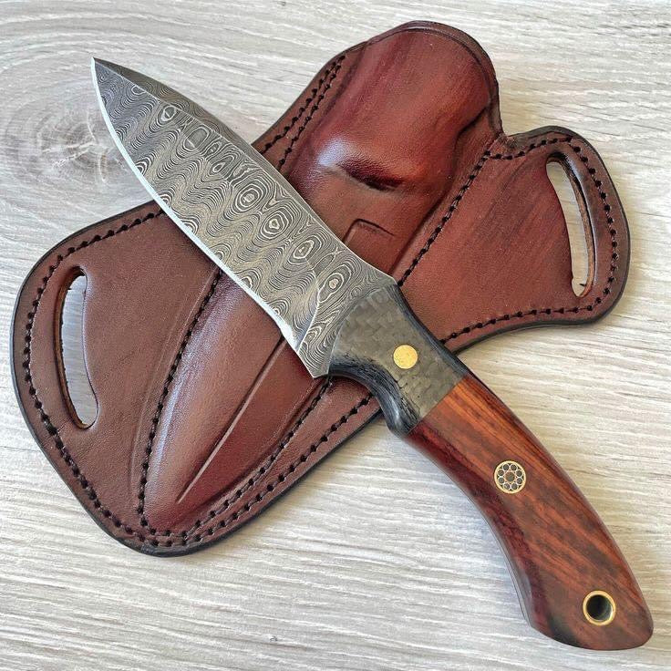 Damascus Steel Hunting Skinning Handmade Knife Wood Micarta Mosaic Handle With Sheath