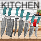 A 7-piece kitchen knife set with patterned steel blades and turquoise-colored handles, displayed on a wooden cutting board with a blurred kitchen background.
