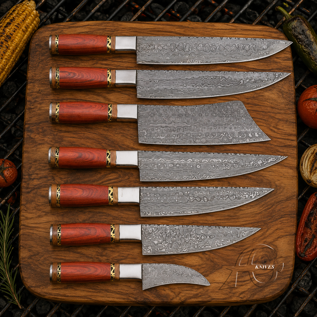 Opulent Handcrafted Damascus Raindrop Kitchen Chef Knife Set of 7 Pcs - Red Wood & Brass Spacer Handle