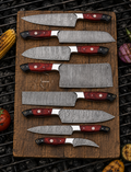 Captivating Handcrafted Damascus Kitchen Chef Knife Set of 8 Pcs - Wood & Black Horn Handle