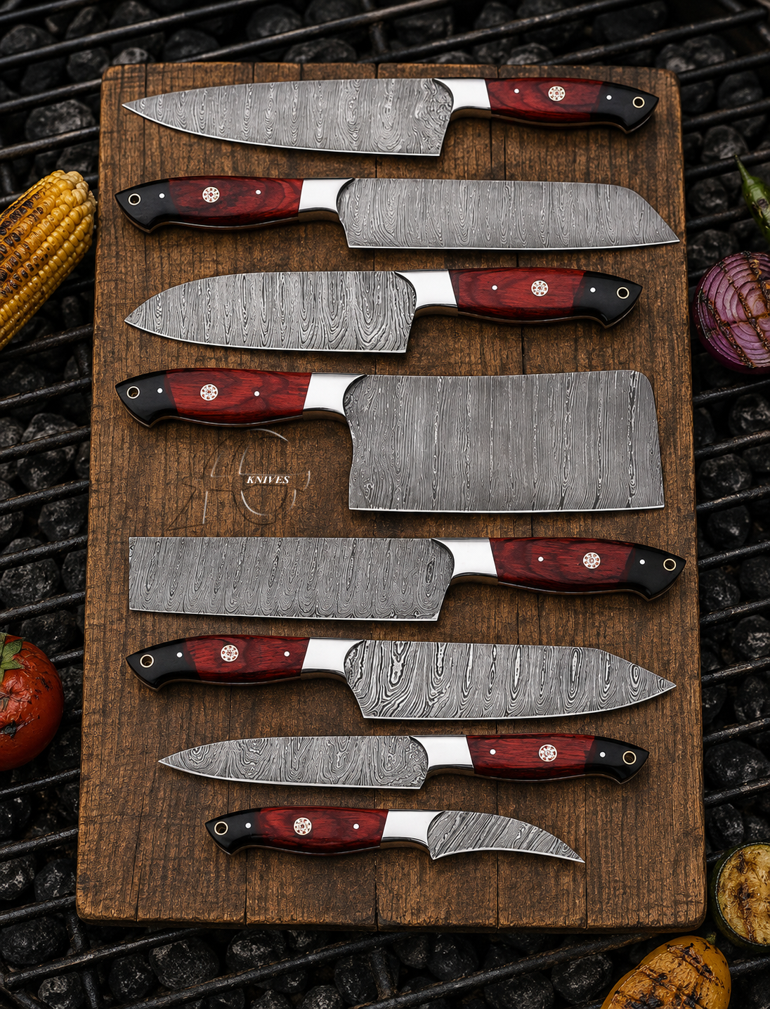 Captivating Handcrafted Damascus Kitchen Chef Knife Set of 8 Pcs - Wood & Black Horn Handle