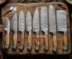 The Cherry Collection 8-Piece Hand Forged Damascus Kitchen Chef Knife Set - Leather Roll Case