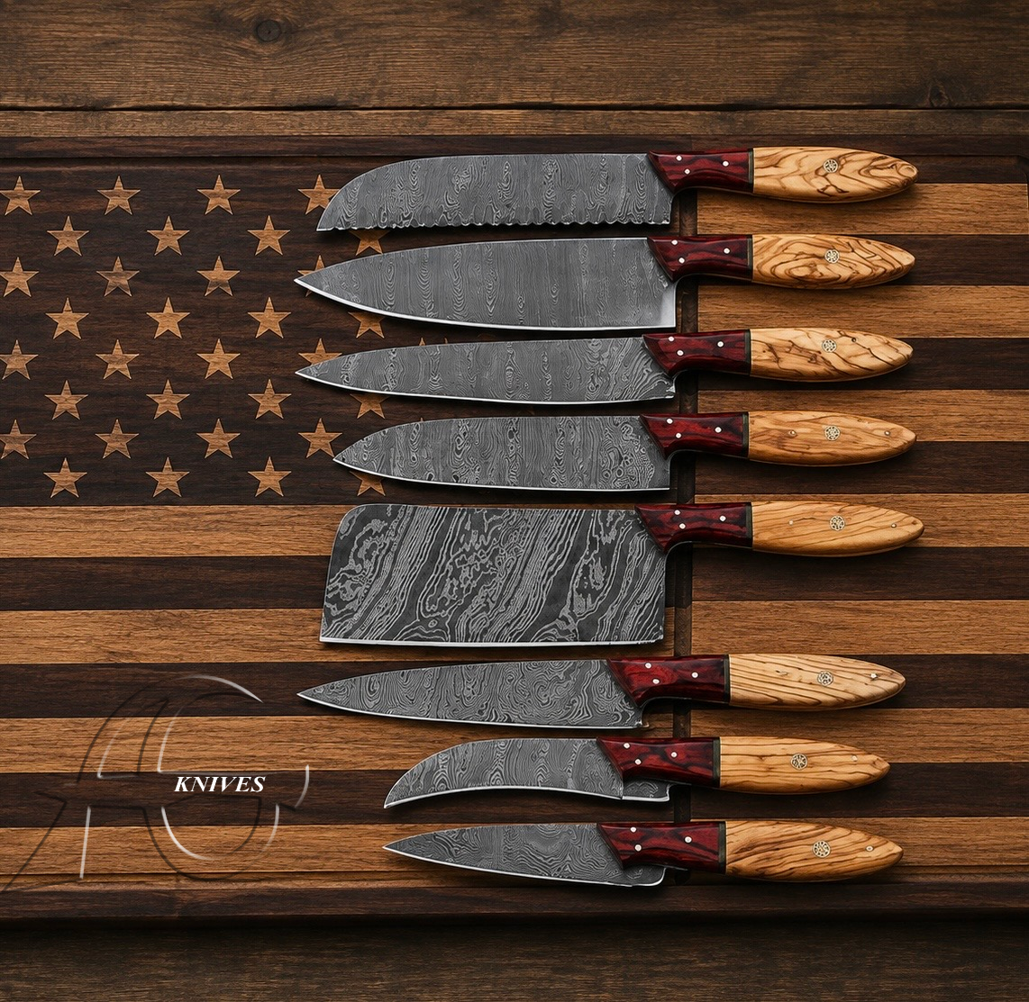 A set of eight kitchen knives with patterned steel blades and light wood handles, arranged vertically on a rustic wooden surface featuring a partially visible American flag design.