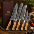 5 Pcs Handmade Raindrop Damascus Kitchen Knives Set- Leather Case