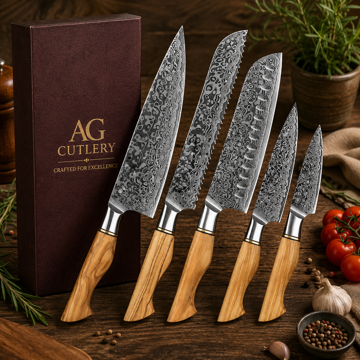 5 Pcs Handmade Raindrop Damascus Kitchen Knives Set- Leather Case