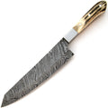 A Damascus steel chef's knife with a wavy patterned blade, a silver bolster, and a natural horn handle with steel rivets, shown on a plain white background.